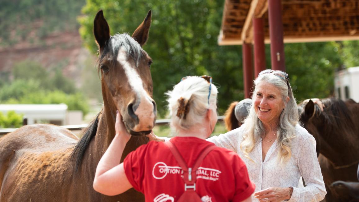 Best Friends co-founder Jana de Peyer doing a workshop outside with another person and a horse