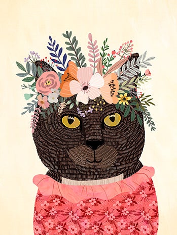 Drawing of Hero the cat wearing a pink outfit with a flower crown