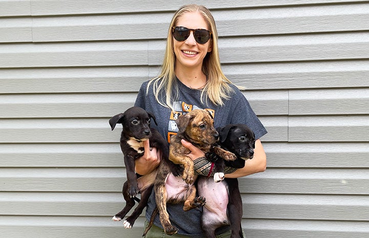NWA volunteer Becca Beyer holding three puppies