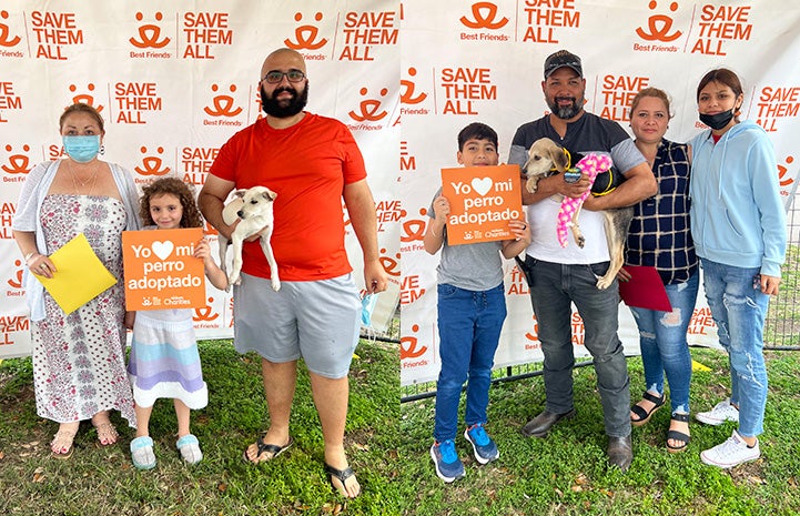 Collage of two photos of families adopting puppies