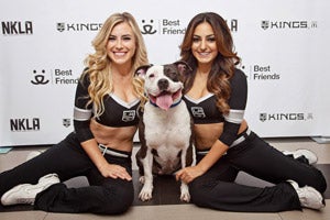 Women posing with a pit bull dog as part of LA Kings partnership with Best Friends