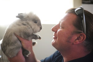 Meriwether the dwarf Lionhead rabbit with Jason Dickman the Bunny House manager