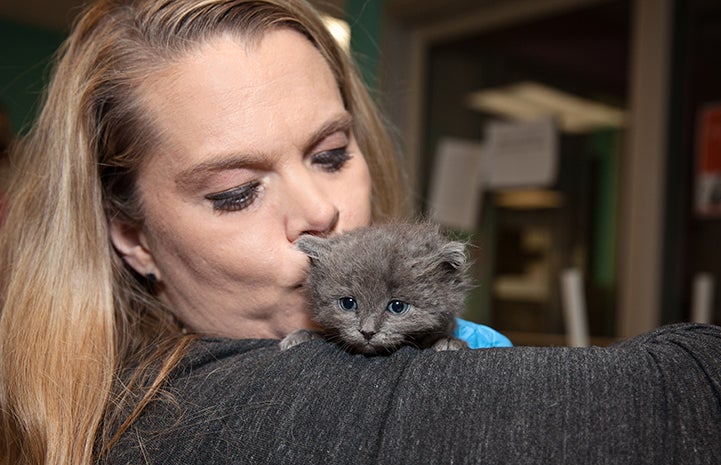 Volunteer Heather Ramsey kissing a gray kitten