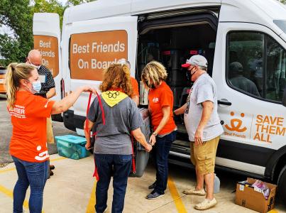 Volunteers loading a Best Friends transport van