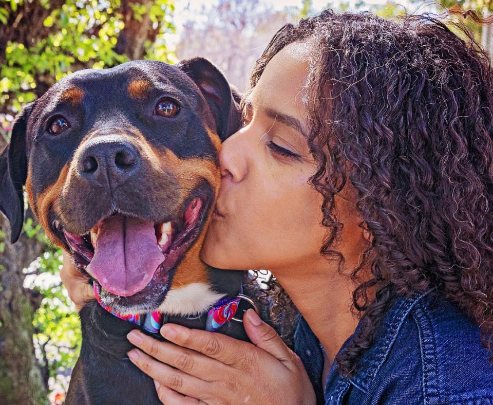 Person kissing the face of a smiling black and tan dog