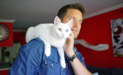 Princess the cat balances on the shoulder of actor Nathan Kehn aka Nathan the Catlady who has a large following on social media