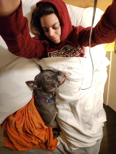 Katy Bentz on a sleepover with Superman the dog