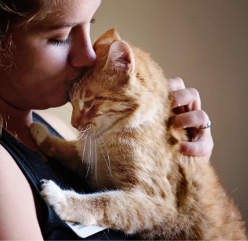Woman holding orange cat and giving a kiss