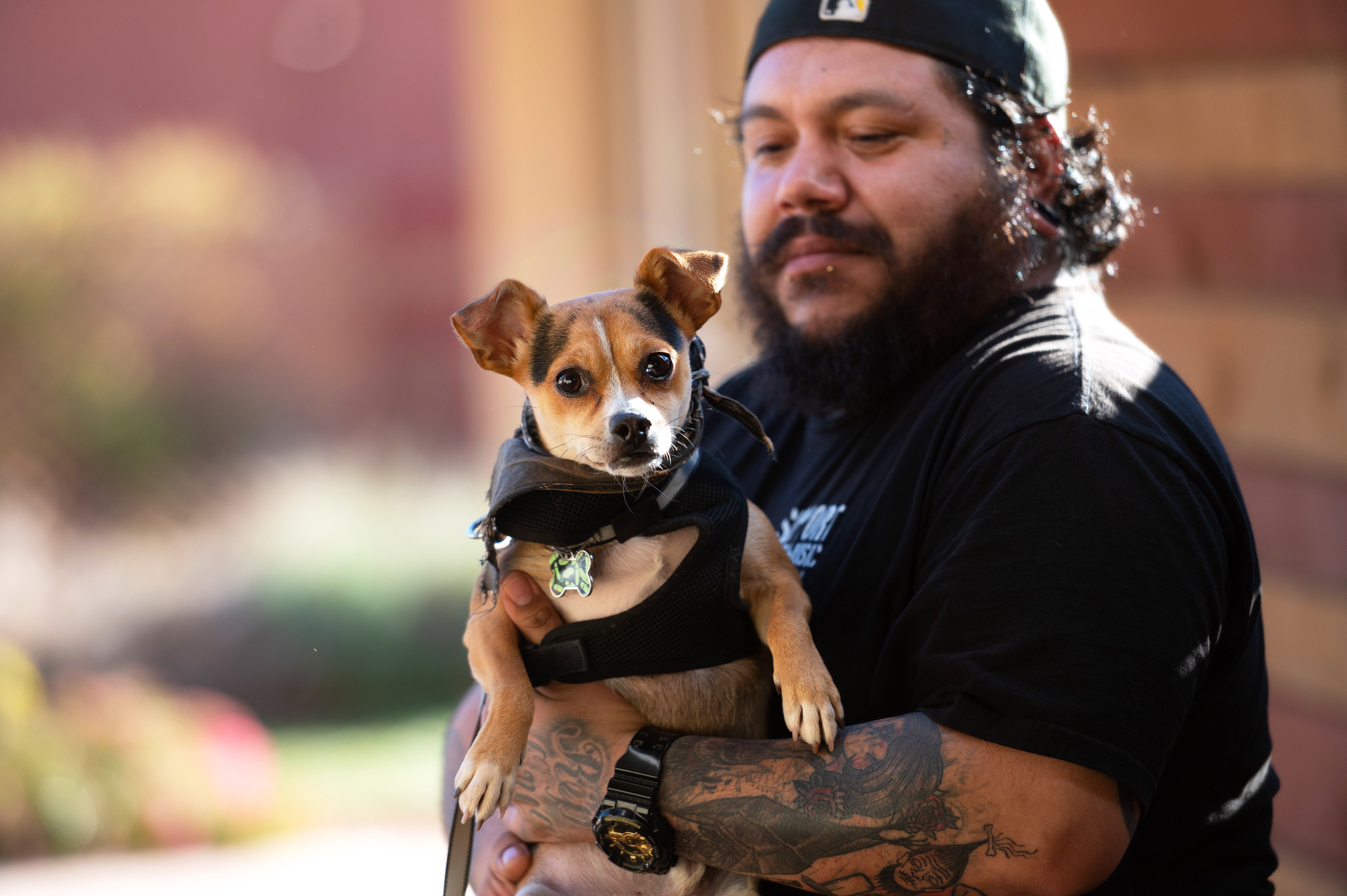 Man wearing backwards hat holding a small dog who is wearing a harness