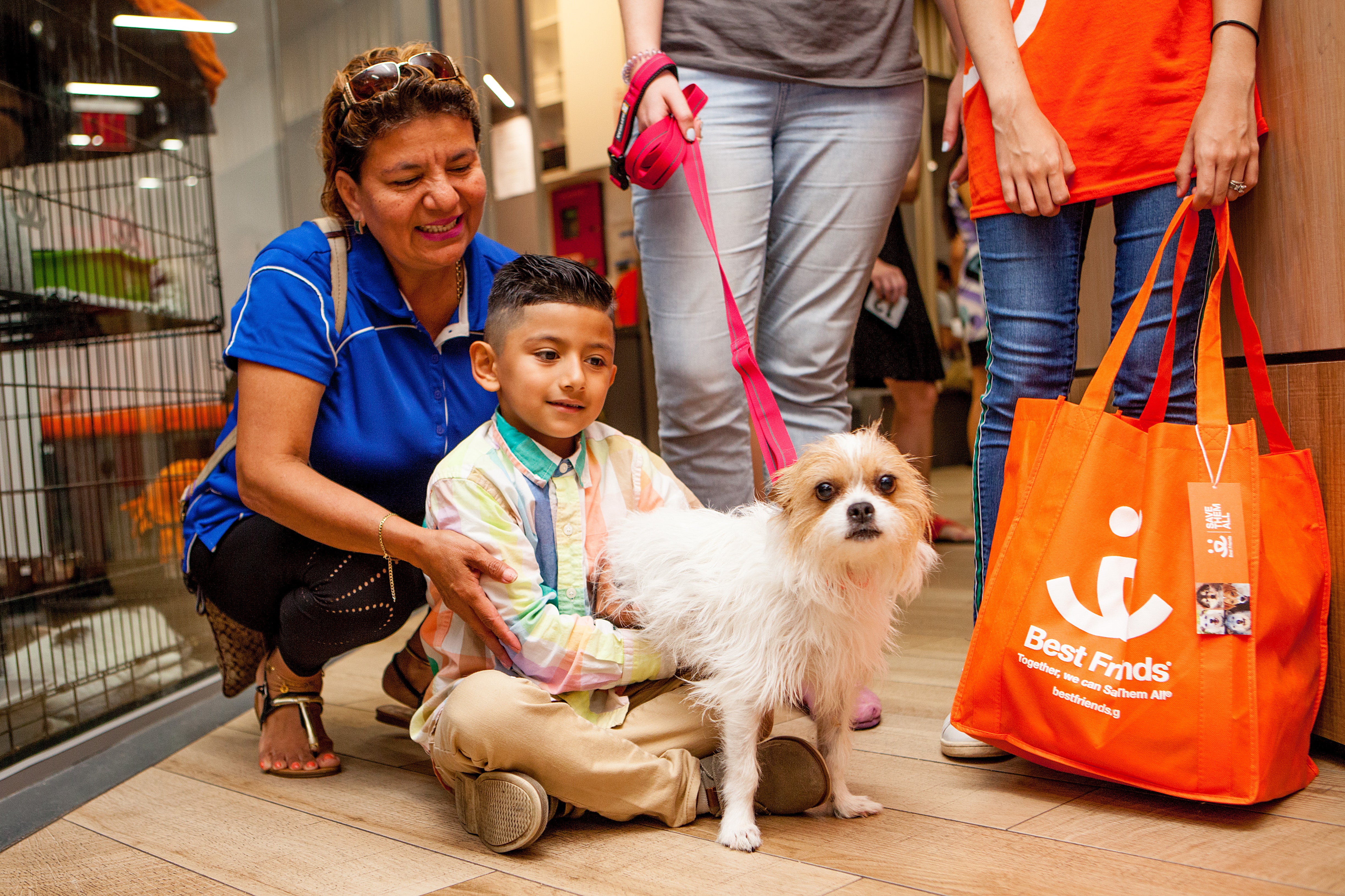 Smiling people adopting a dog