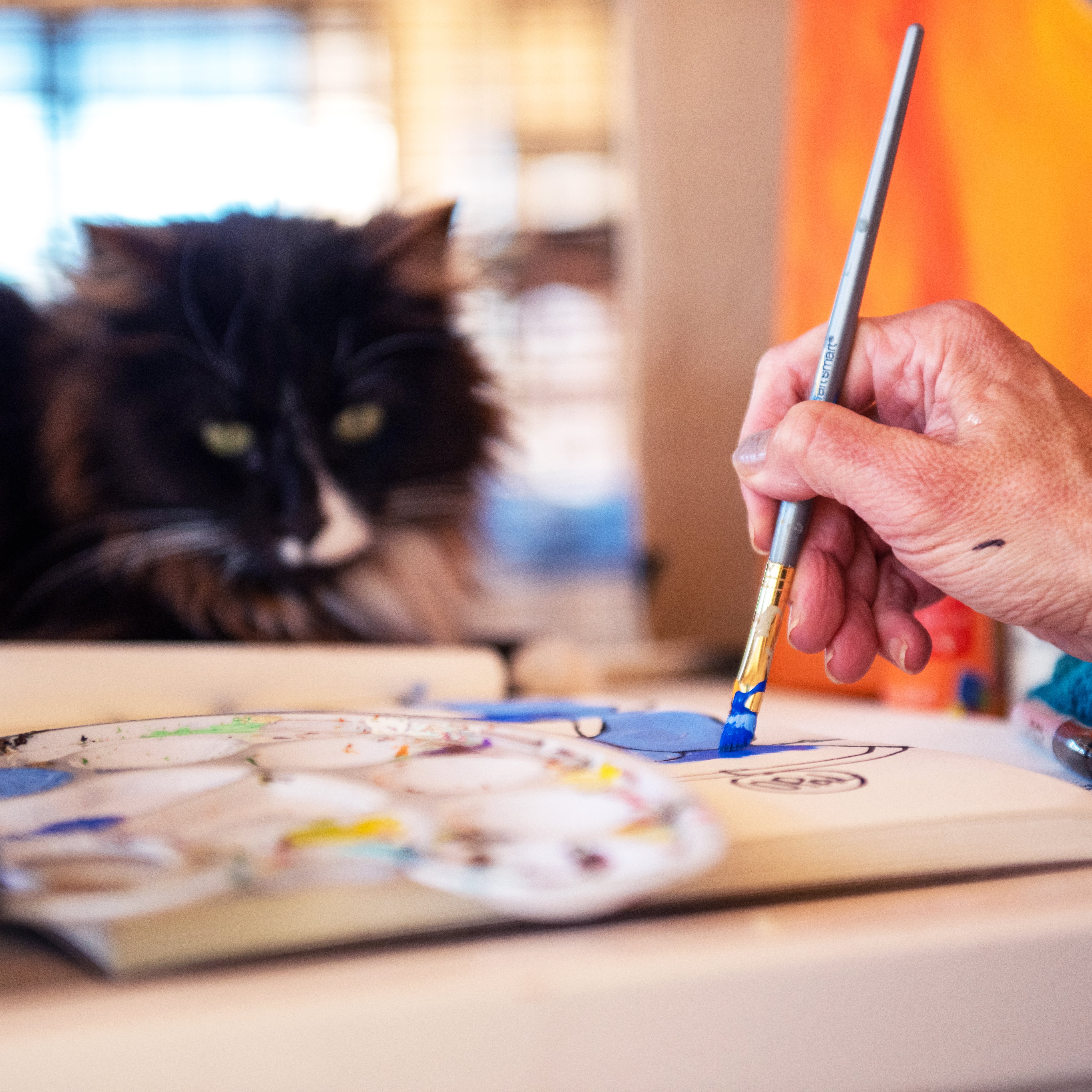 Person painting on a table while a cat looks on with interest