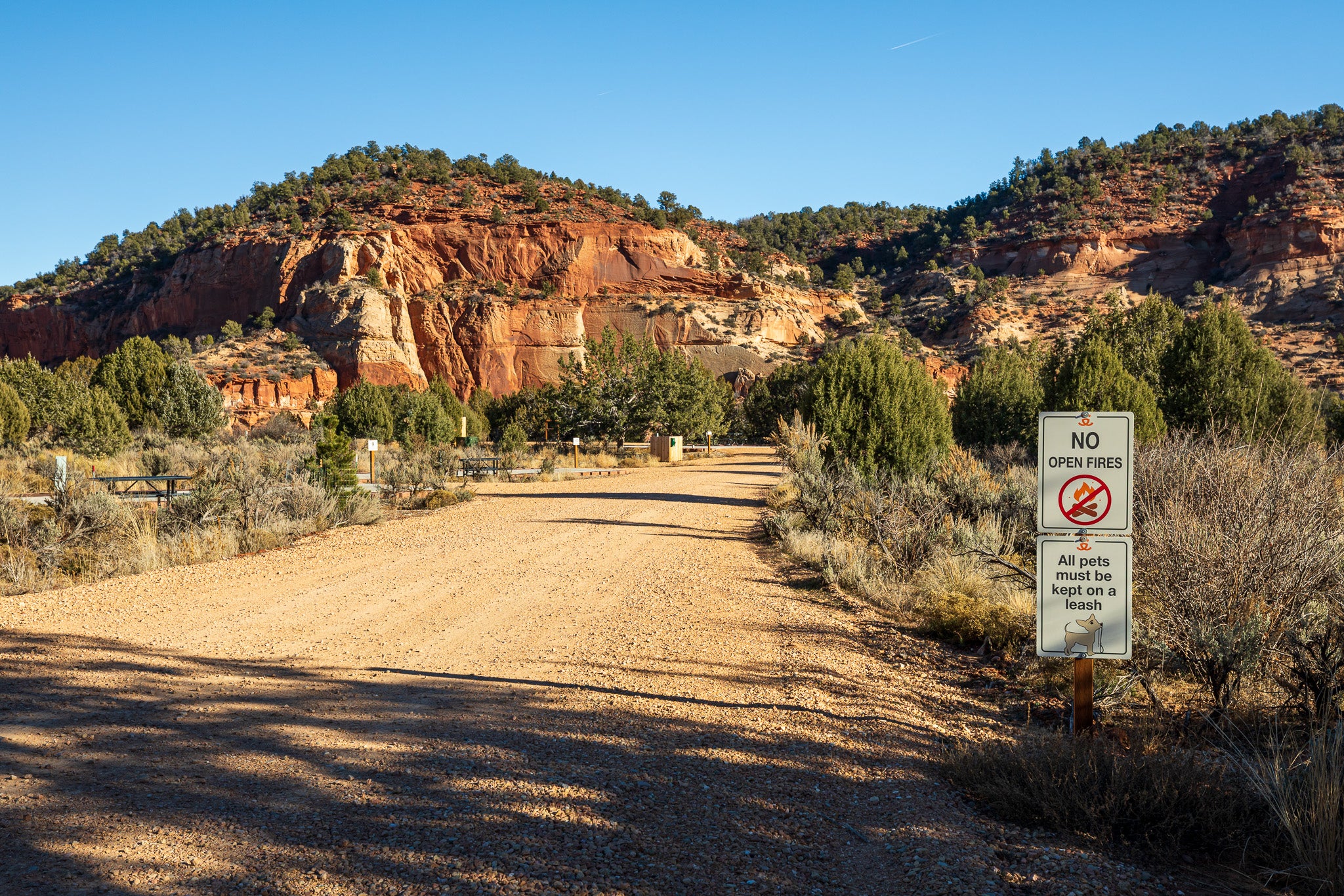 Road into the Best Friends RV Park space with signs that say “No open fires” and “All pets must be kept on a leash” in front of red rock cliffs