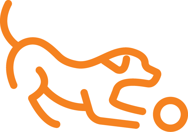 Orange line art icon of dog playing with ball