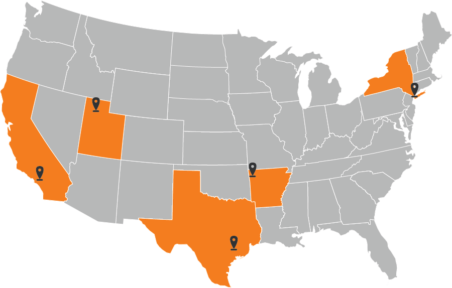 United States map with highlights for Los Angeles, Northwest Arkansas, Houston, Salt Lake City, and New York City