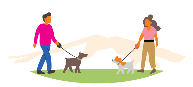 Illustration two people walking dogs in front of a mountain