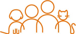 Line drawing of people and pets