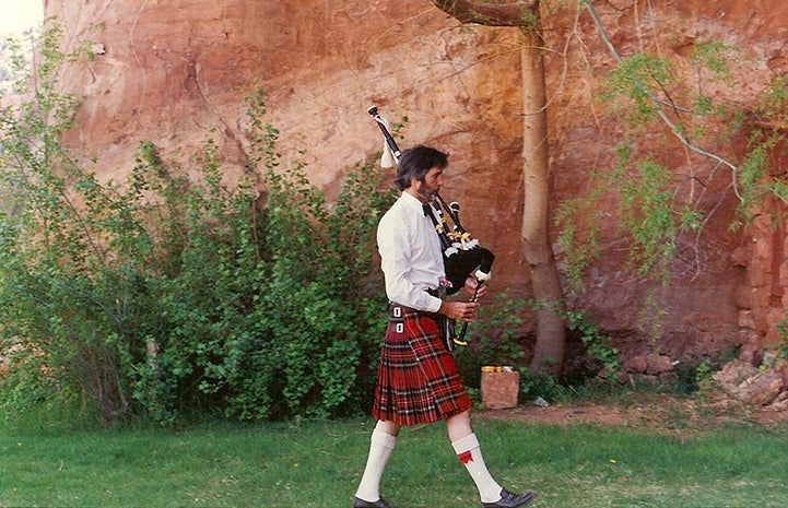 Gregory Castle playing bagpipes in Angel Canyon