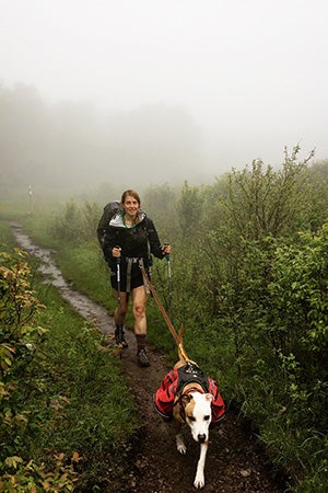 Stretch the dog out on a hike with a person