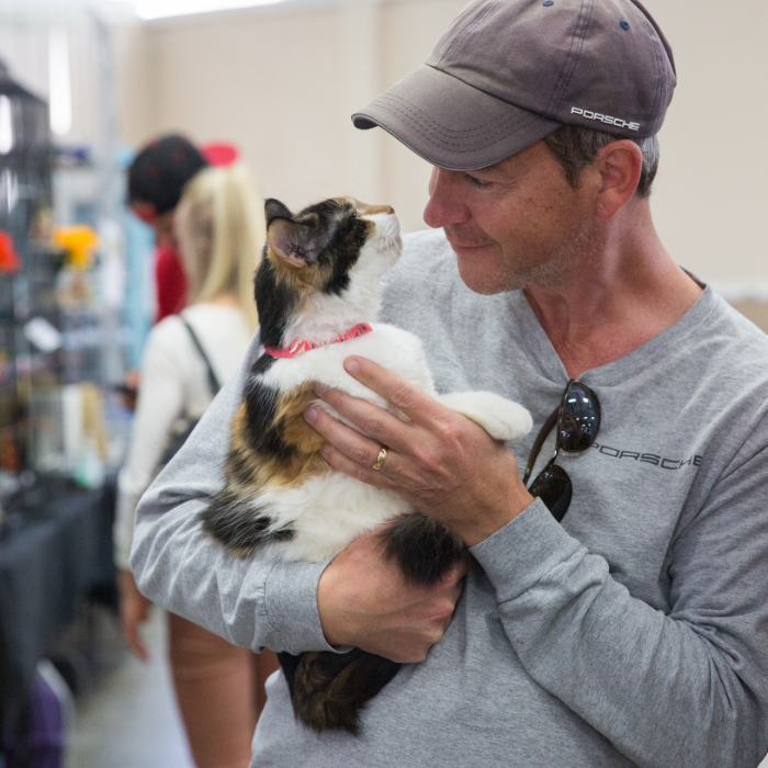 Man at super adoption event holding cat