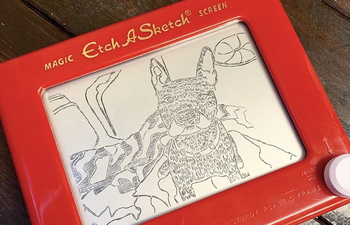 Britt West drawing of Rocky the dog on her Etch-a-Sketch