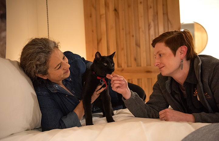 Two women snuggling with Ori the black cat while on a sleepover at the Best Friends Roadhouse and Mercantile