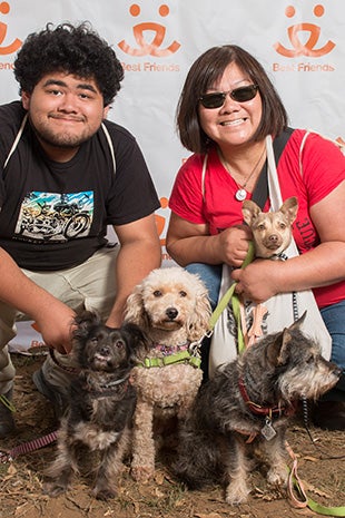 Valerie Louie and another person posing in front of a Best Friends backdrop with four small dogs