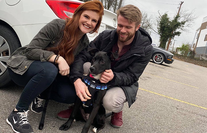 Man and woman squatting next to a car with a black and white puppy