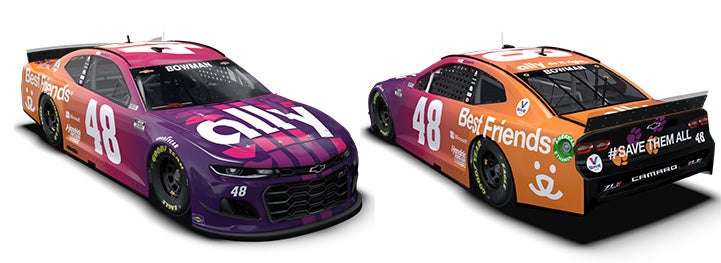 Front and back views of the NASCAR car featuring Ally and Best Friends on the wrap