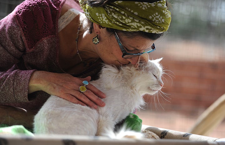 Rachel the caregiver leaning over to give a white cat a kiss
