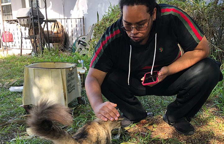 Dereck petting the head of a fluffy tortoiseshell community cat