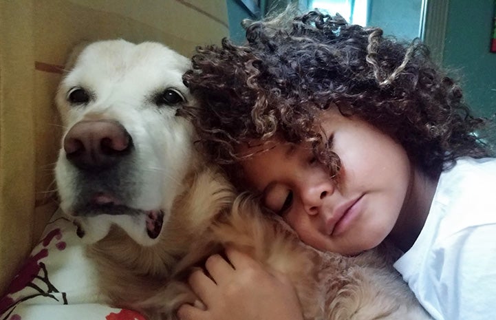 Young girl leaning into a senior Ava the dog