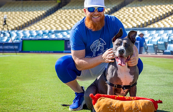 Tyson the dog posing with L.A. Dodgers baseball player Justin Turner next to a giant hot dog