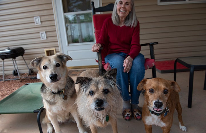 Fredi Miller, a local volunteer.  sitting on a chair on her porch with her two dogs and Benjamin the dog who she's fostering