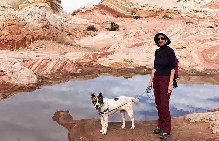 Volunteer Heather Harding with Sun the dog hiking on beautiful rock formations by some water