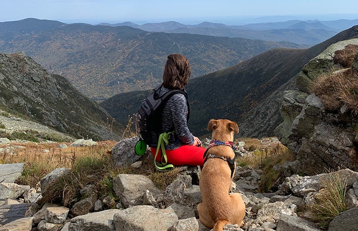 Marisa Patelli and Charger/Chance the dog looking out toward a valley while out on a hike