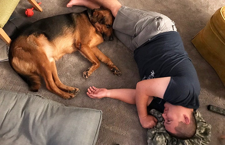 Porter the dog lying down on floor by the man who adopted him