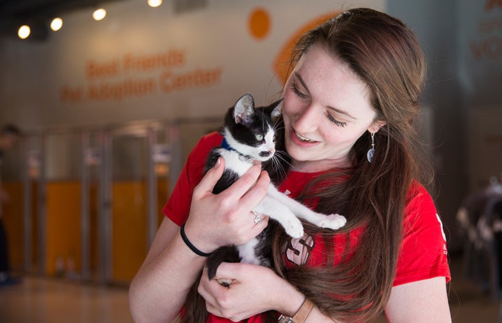 Woman wearing a red T-shirt holding a black and white kitten