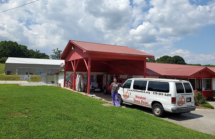 Outside of the Planned PEThood of Georgia building with a Neuter Your Pets van