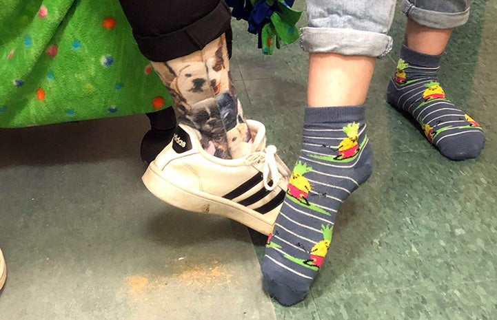 Two people showing off their crazy socks