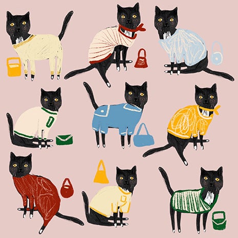 Drawing of nine versions of Hero the cat, wearing nine different outfits