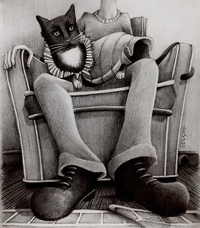 Black and white drawing of Hero the cat sitting on a person's lap who is sitting in a chair