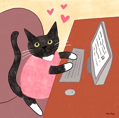 Drawing of Hero the cat wearing pink and sitting on a chair and typing on a computer