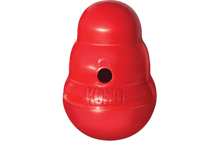 Red rubber Kong Wobbler toy for dogs