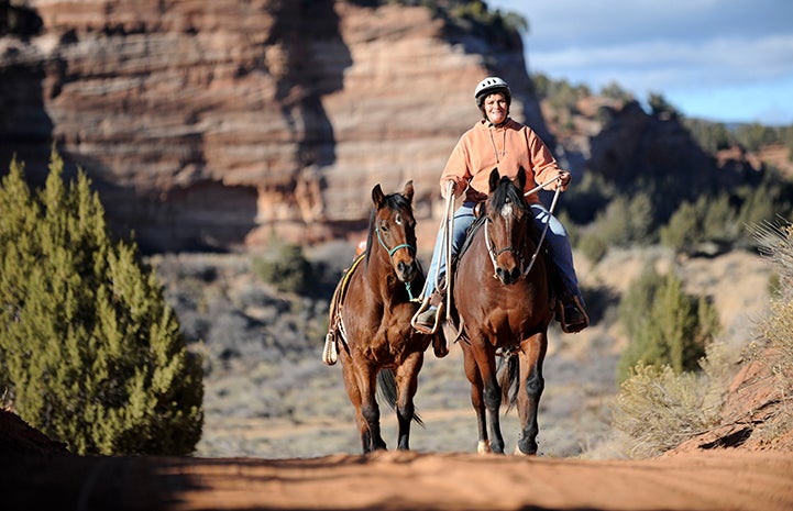 Woman wearing a helmet riding a brown horse and leading another brown horse with an orange rock formation behind them