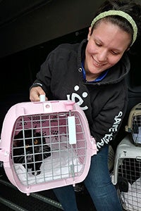 Woman wearing a headband and Best Friends hoodie holding a pink carrier with a black and white cat in it