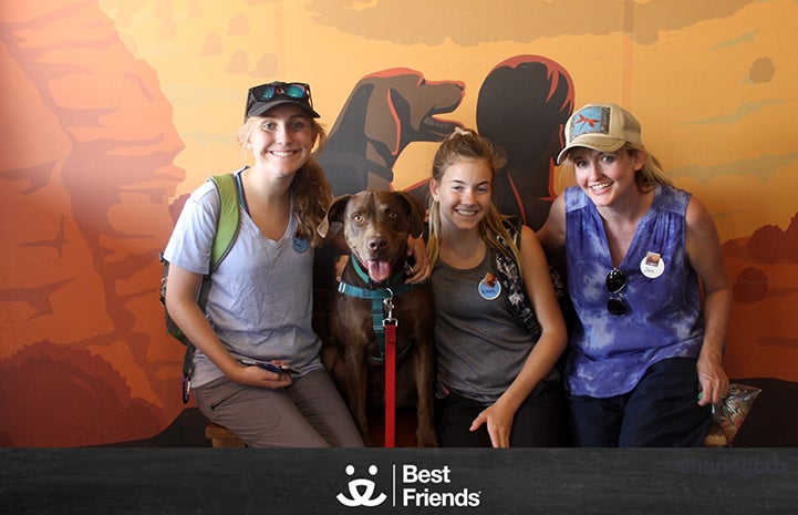 Jen, Ashley, Maddy and a brown dog at the Best Friends Visitor's Center