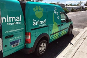 A teal colored van for The Animal Foundation