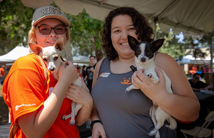 Two smiling women wearing Best Friends T-shirts, each holding a small Chihuahua mix dog at the A tent with human and dog activity at the NKLA Pet Super Adoption