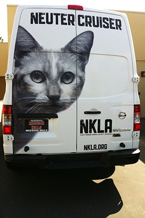 Cat face graphic on back of NKLA van