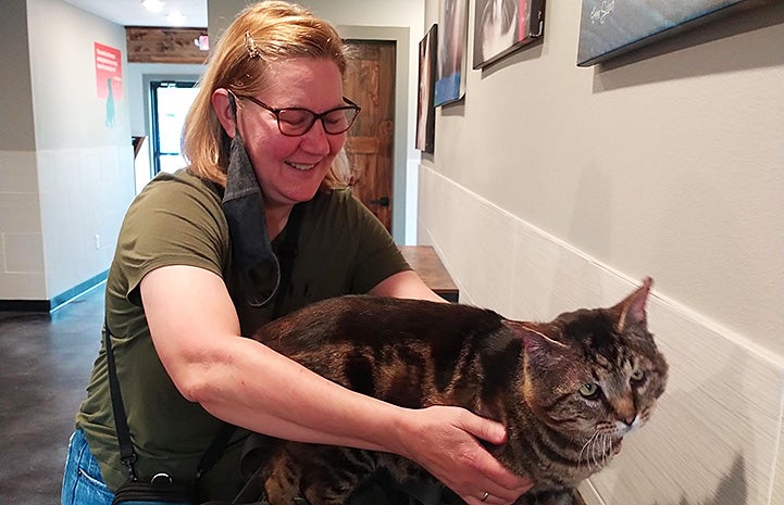 NWA volunteer Jannifer York petting Samson the tabby cat